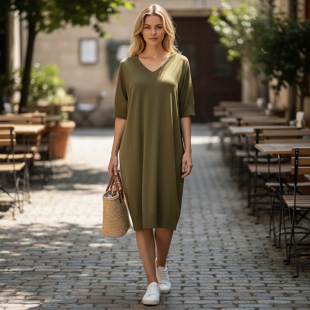 COS Olive Green V-Neck Short Sleeve Knit Sweater Dress Viscose Blend Size Medium